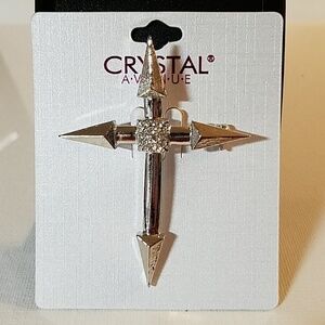 Crystal Avenue Cross Rhinestone Gold Tone 2.5" Pin.